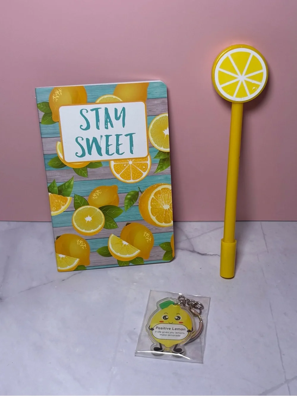 Lemon Print ‘Stay Sweet’ Mini Notebook, Pen and Keychain